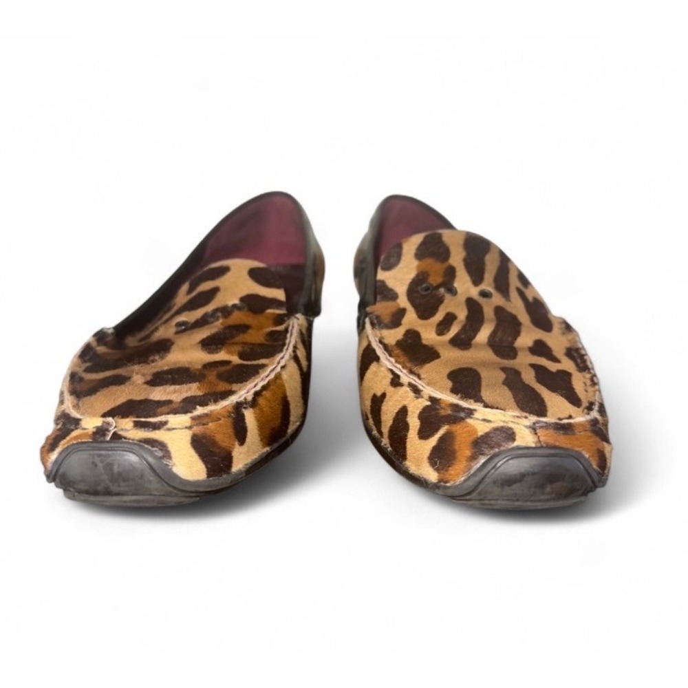 Via Spiga Womens Leopard Calf Hair Loafers Black Leather Trim Driving Mocs 8.5M - Picture 2 of 7
